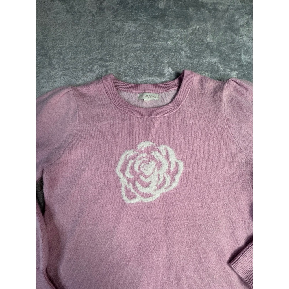 Cynthia Rowley Pink Rose Intarsia Knit Puff Sleeve Crewneck Sweater Womens M - Picture 3 of 5